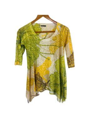 Nally & Millie Leafy Print Top Sz Small Shark Bite Hem Burnout Green Yellow USA